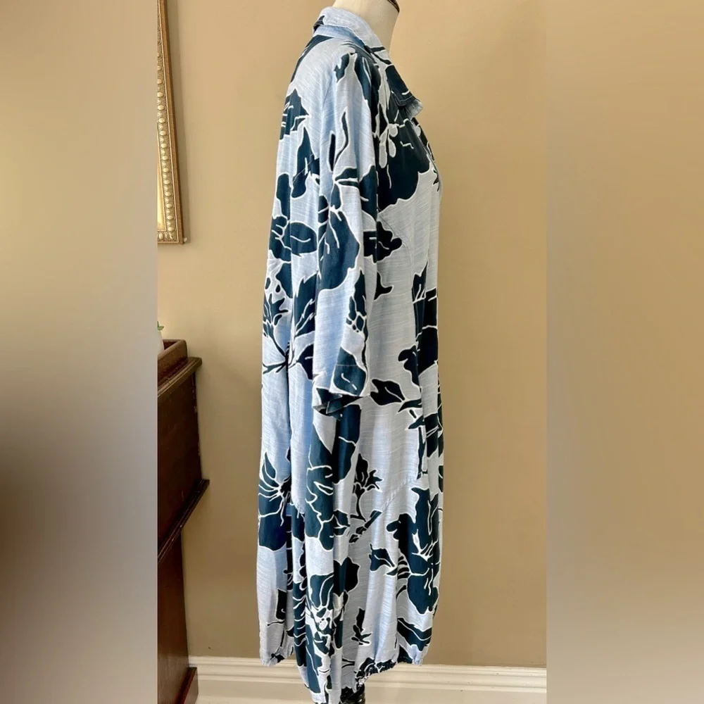 Alembika Blue Floral Wonderful Midi Dress One Pocket Shirt Dress Size 7 US 18-20